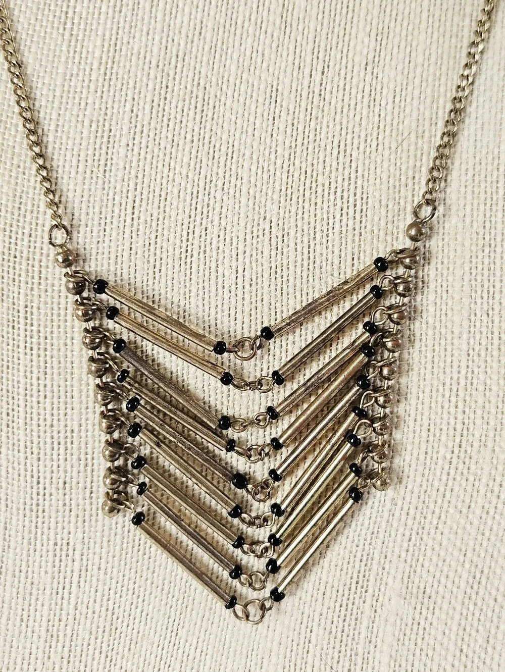 Vintage Geometric Brass Tube Beaded Chevron Hinged Cascade Bib Chain Necklace